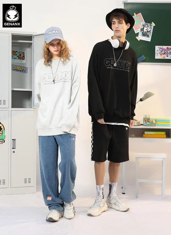 Minimalist Letter Print Drop-Shoulder Sleeve Couple Sweatshirt