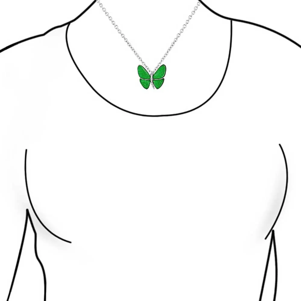 Nature-Inspired Silver Plated Pendant Necklace with Green Jade and CZ Butterfly Accents