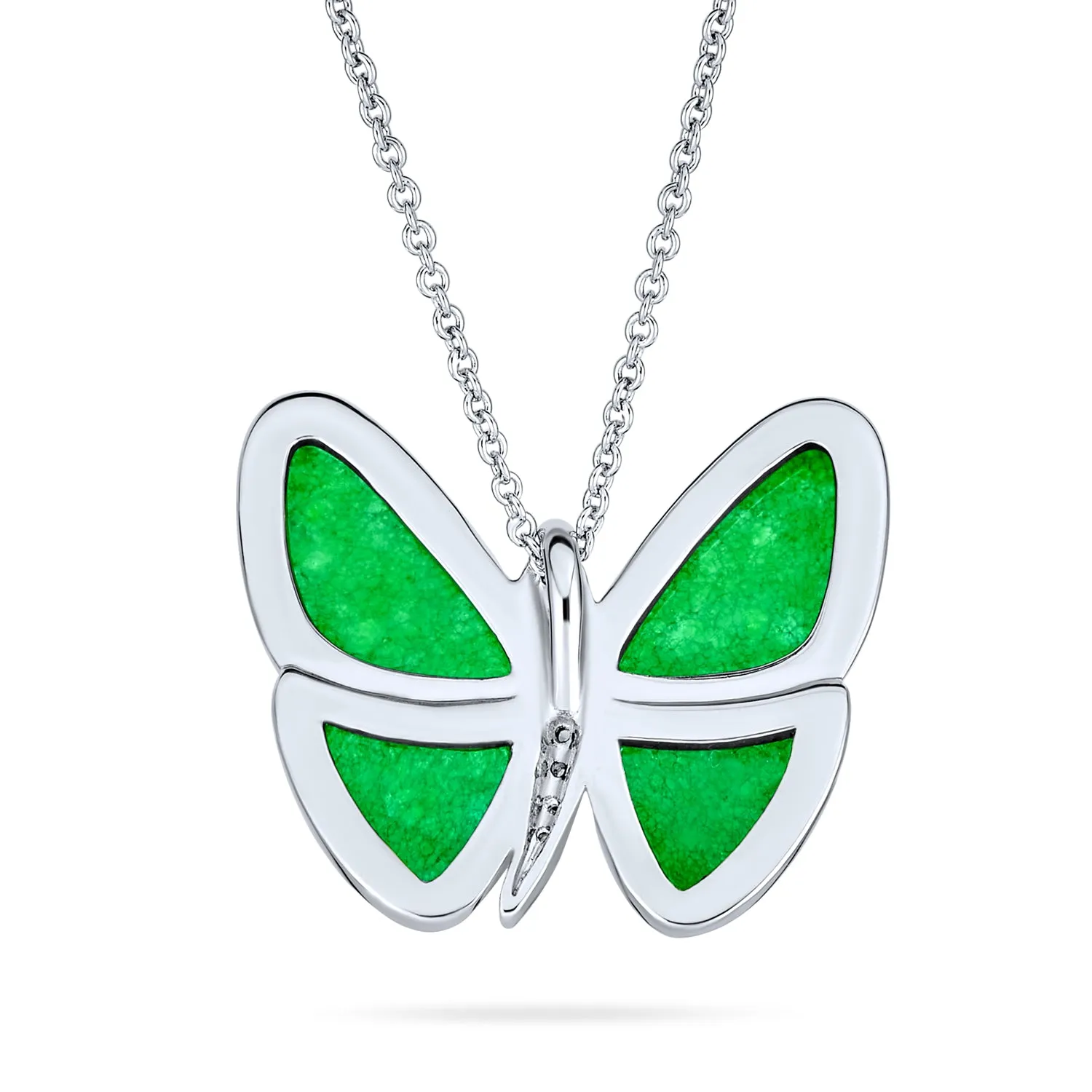 Nature-Inspired Silver Plated Pendant Necklace with Green Jade and CZ Butterfly Accents