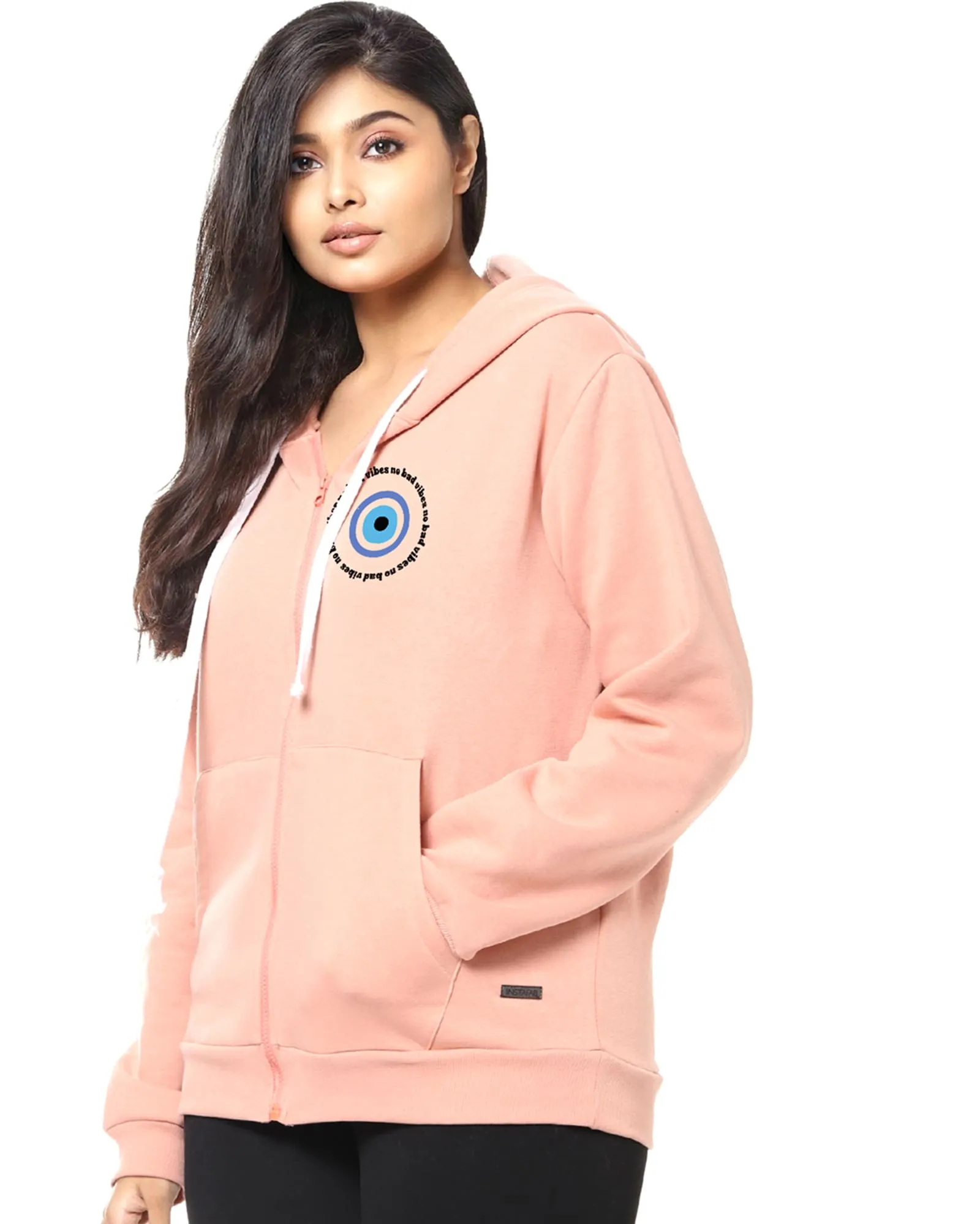 Peach "no bad vibes" Hooded Printed  Sweatshirt | Peach