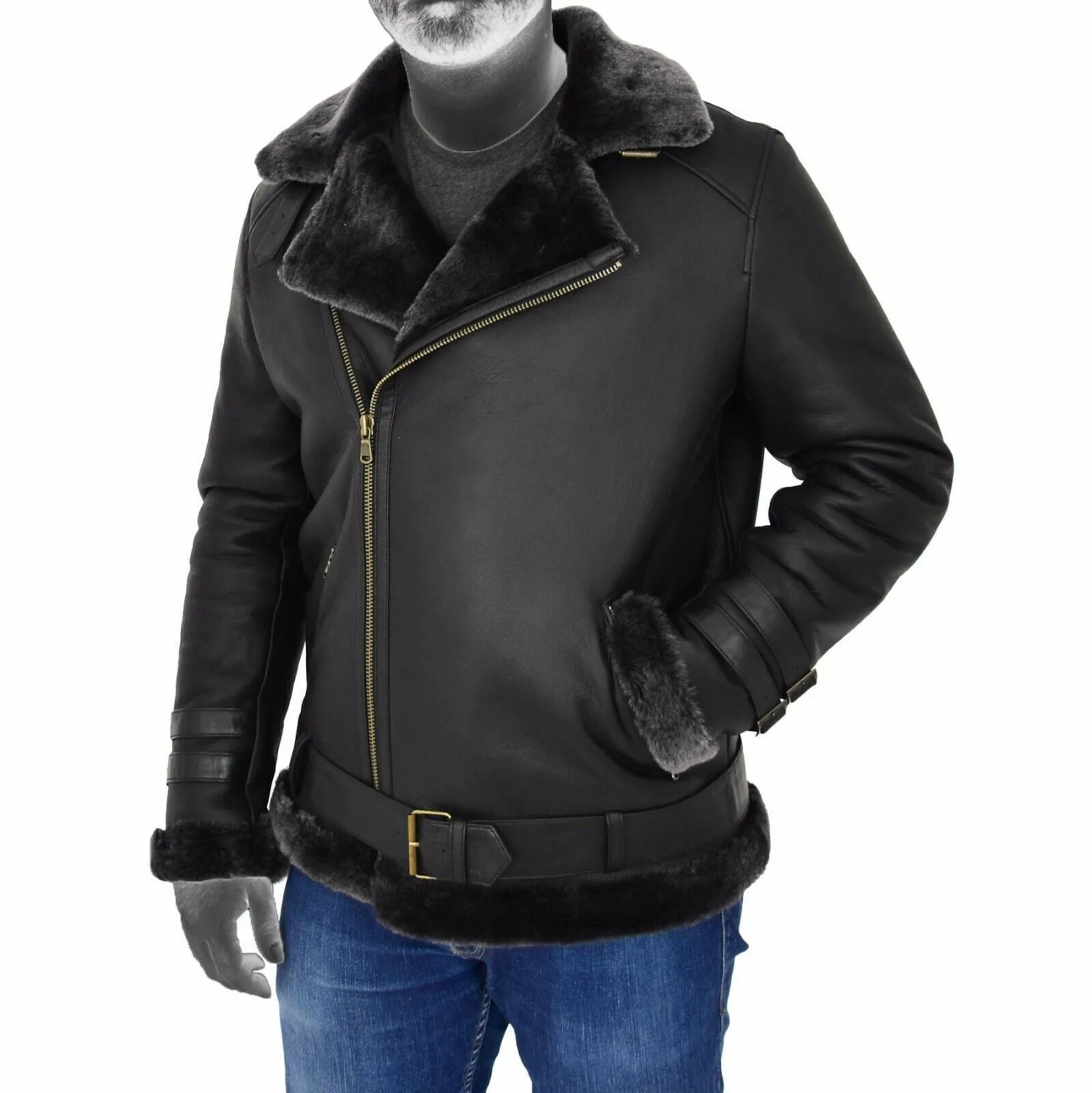 Spine Spark Men Black Brando Shearling Leather Coat Jacket