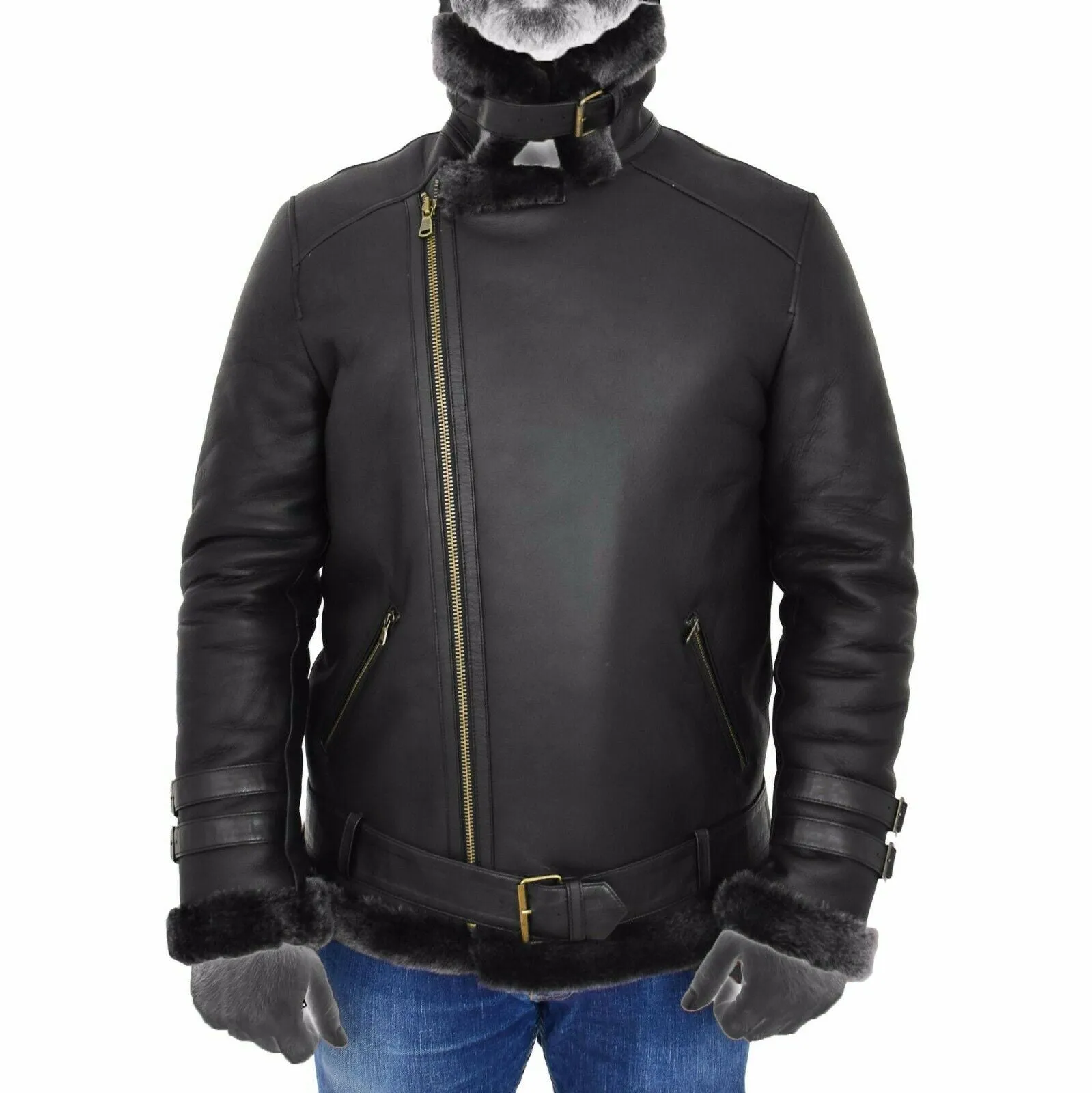 Spine Spark Men Black Brando Shearling Leather Coat Jacket