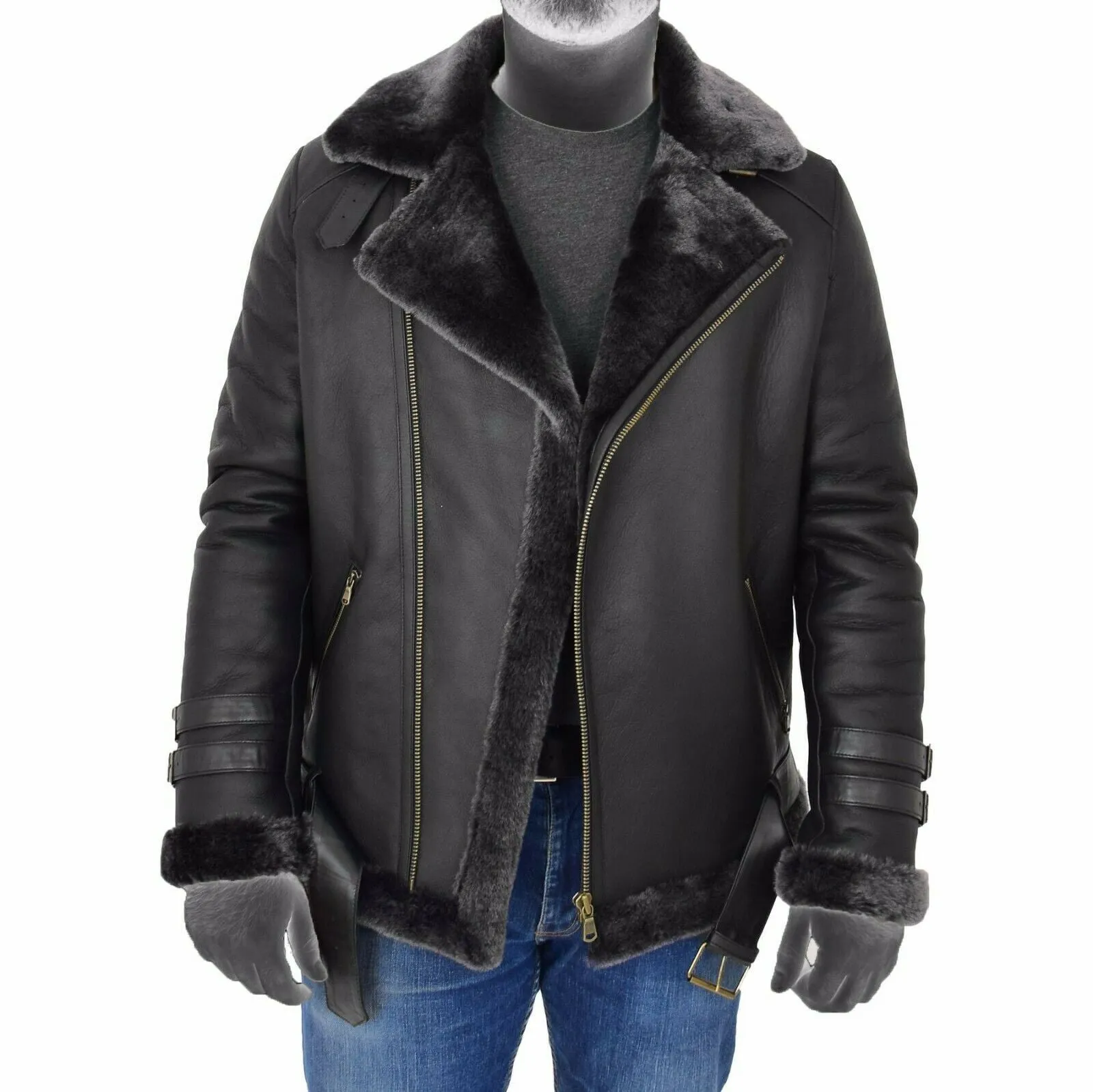 Spine Spark Men Black Brando Shearling Leather Coat Jacket