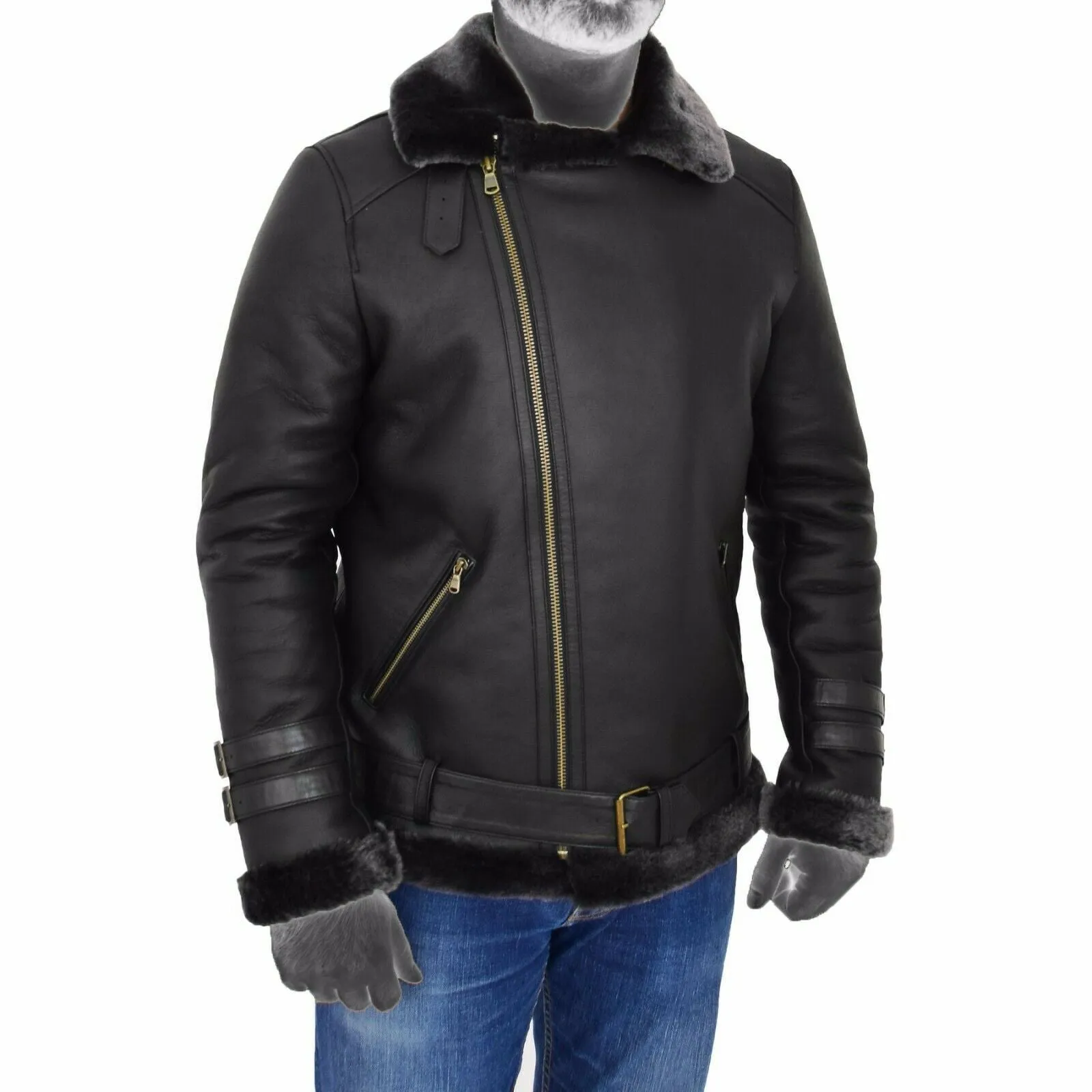 Spine Spark Men Black Brando Shearling Leather Coat Jacket