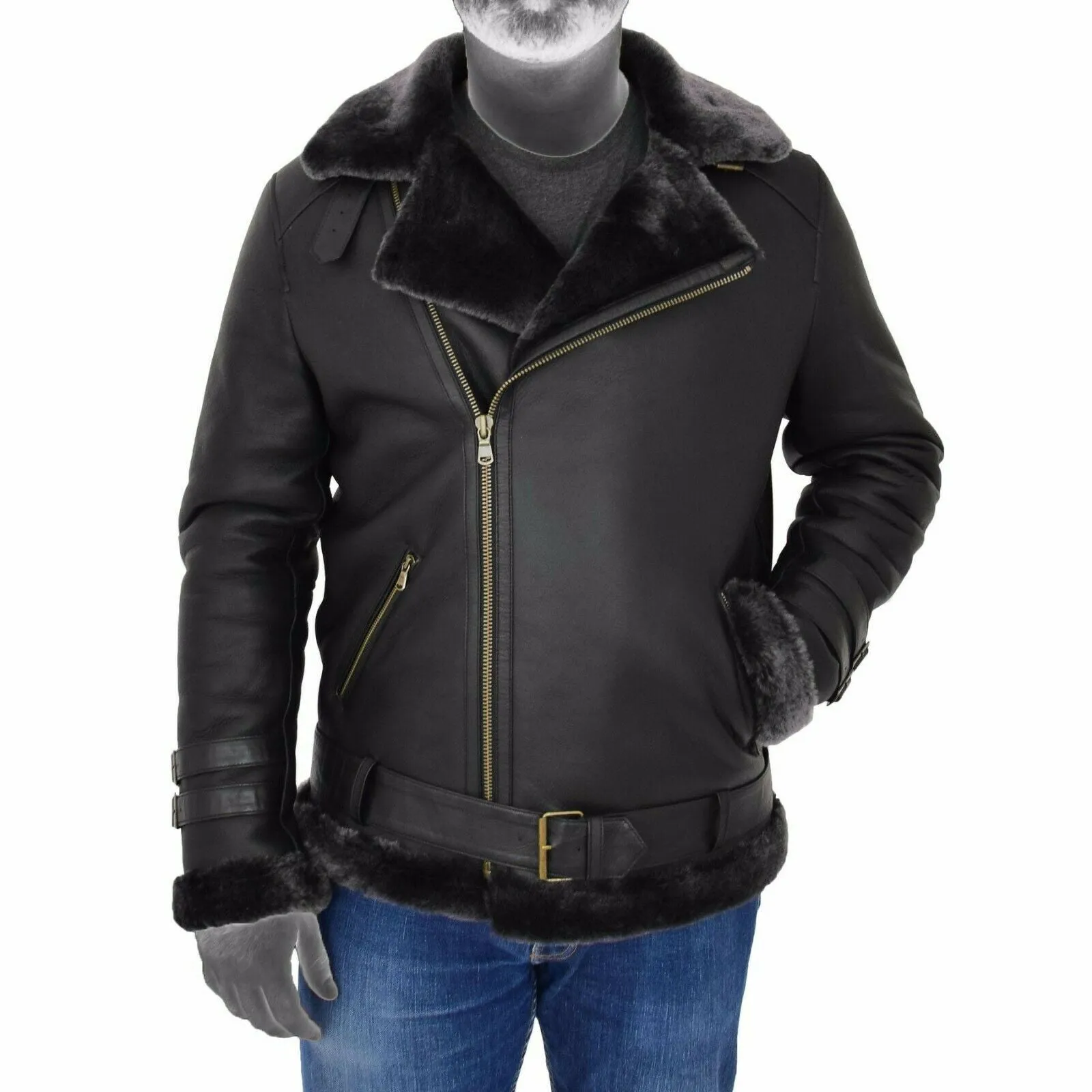 Spine Spark Men Black Brando Shearling Leather Coat Jacket