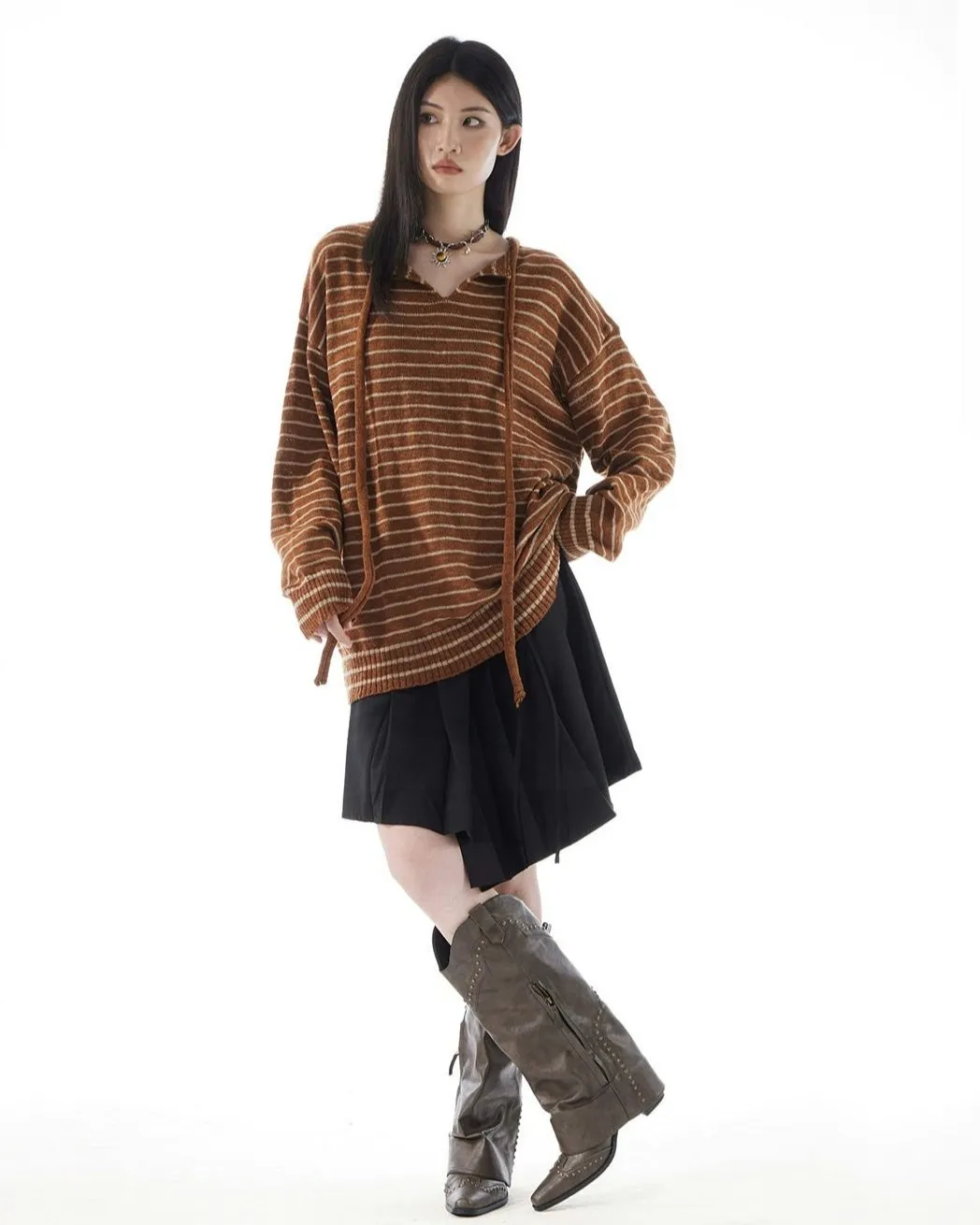 Stripe Oversized Knit Sweatshirt with Drawstrings