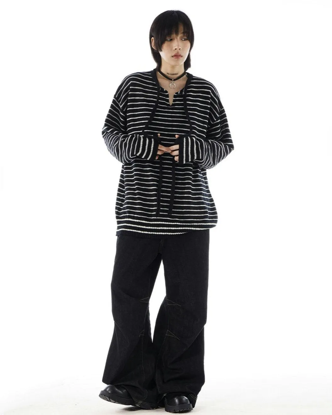 Stripe Oversized Knit Sweatshirt with Drawstrings