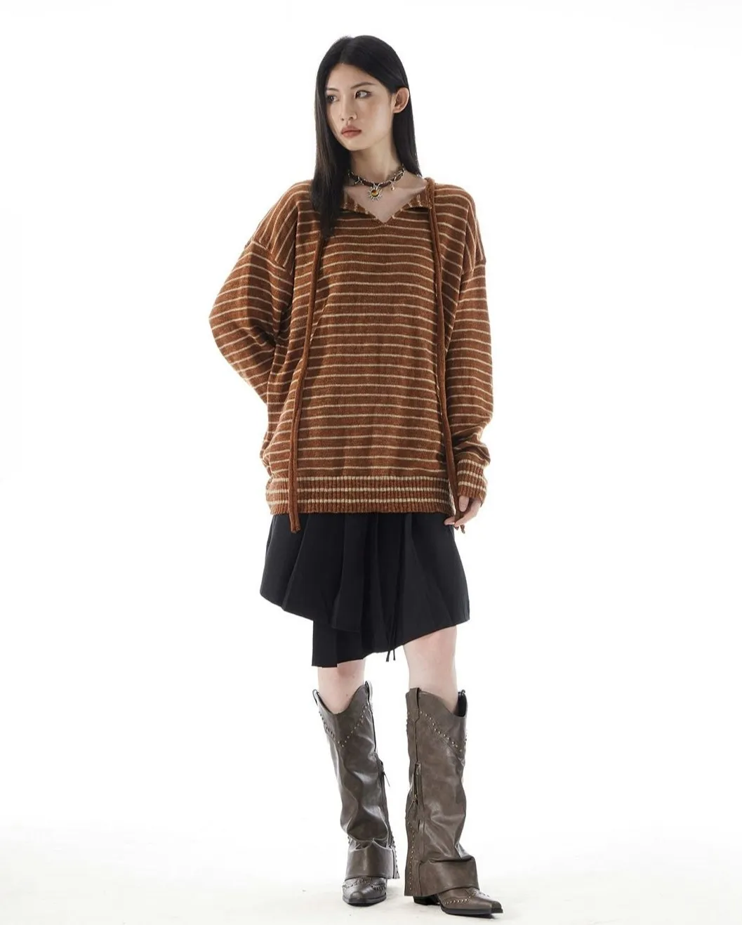 Stripe Oversized Knit Sweatshirt with Drawstrings