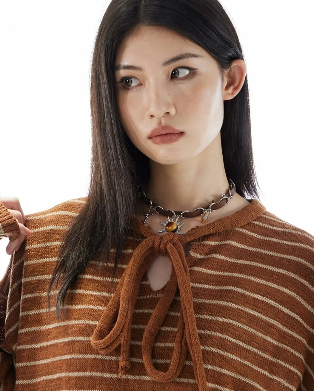 Stripe Oversized Knit Sweatshirt with Drawstrings