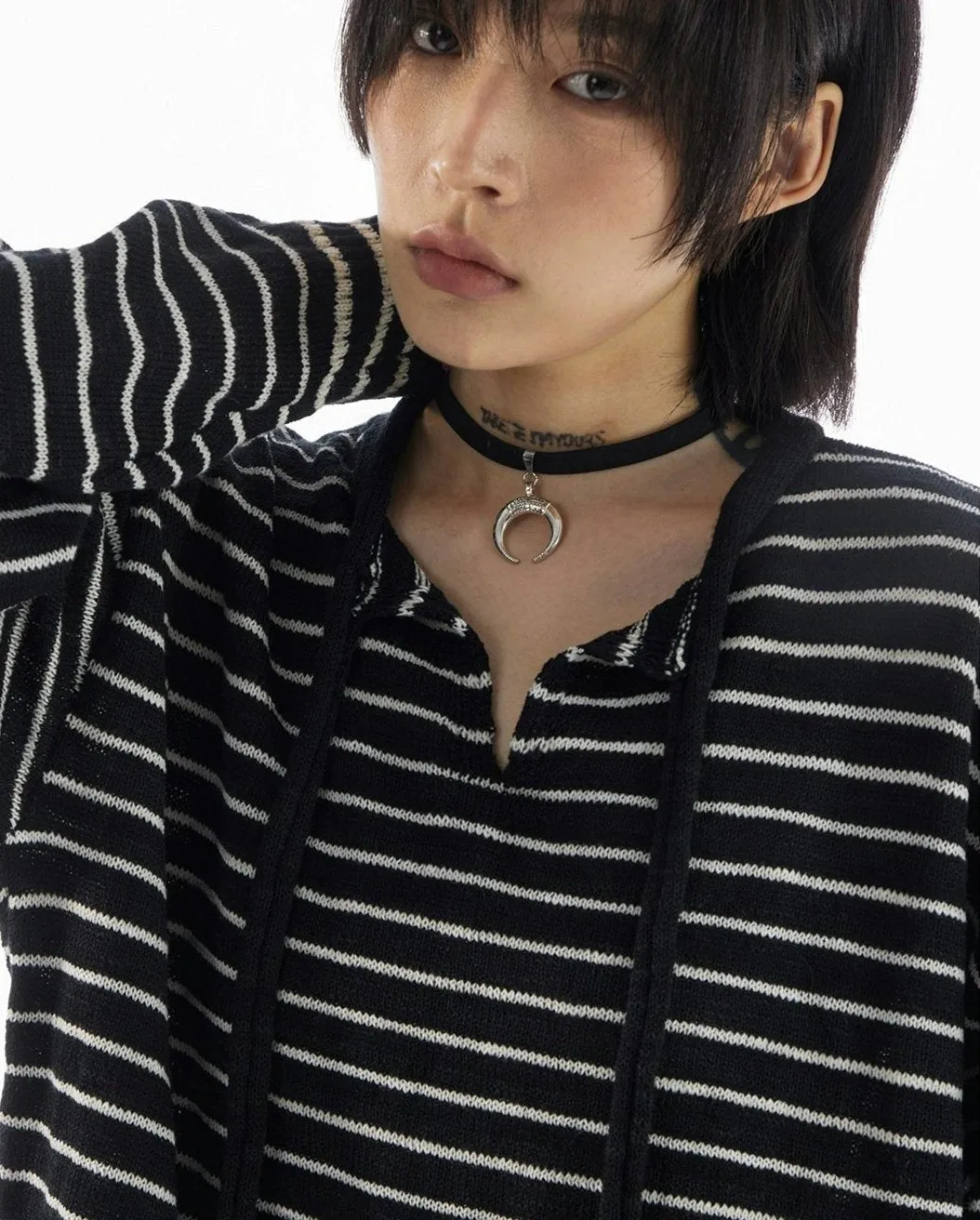 Stripe Oversized Knit Sweatshirt with Drawstrings