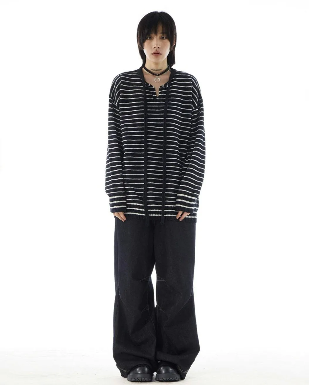 Stripe Oversized Knit Sweatshirt with Drawstrings
