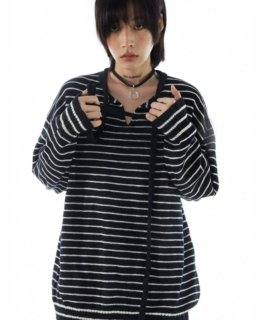 Stripe Oversized Knit Sweatshirt with Drawstrings