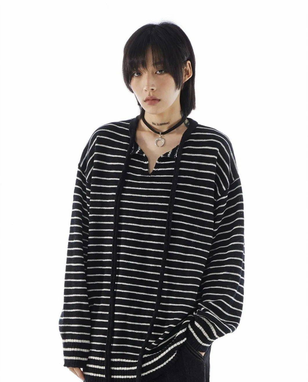 Stripe Oversized Knit Sweatshirt with Drawstrings