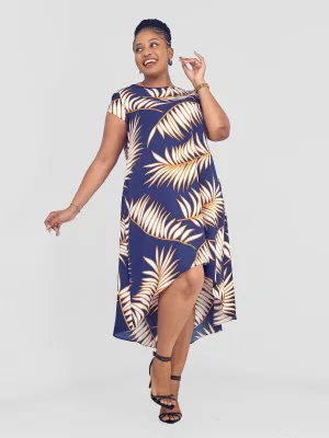 Vivo Jema High Low Tent Dress - Navy / White Palm Leaves Print