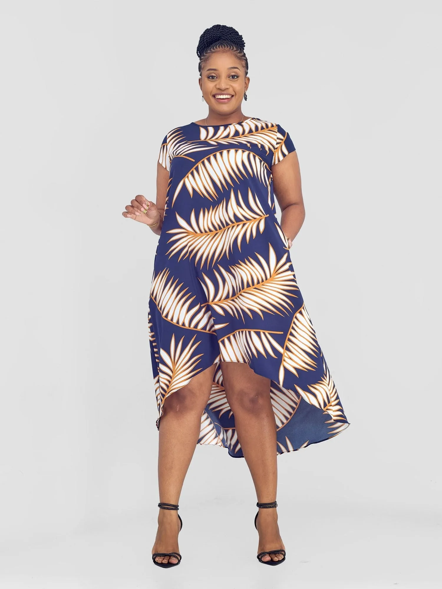 Vivo Jema High Low Tent Dress - Navy / White Palm Leaves Print