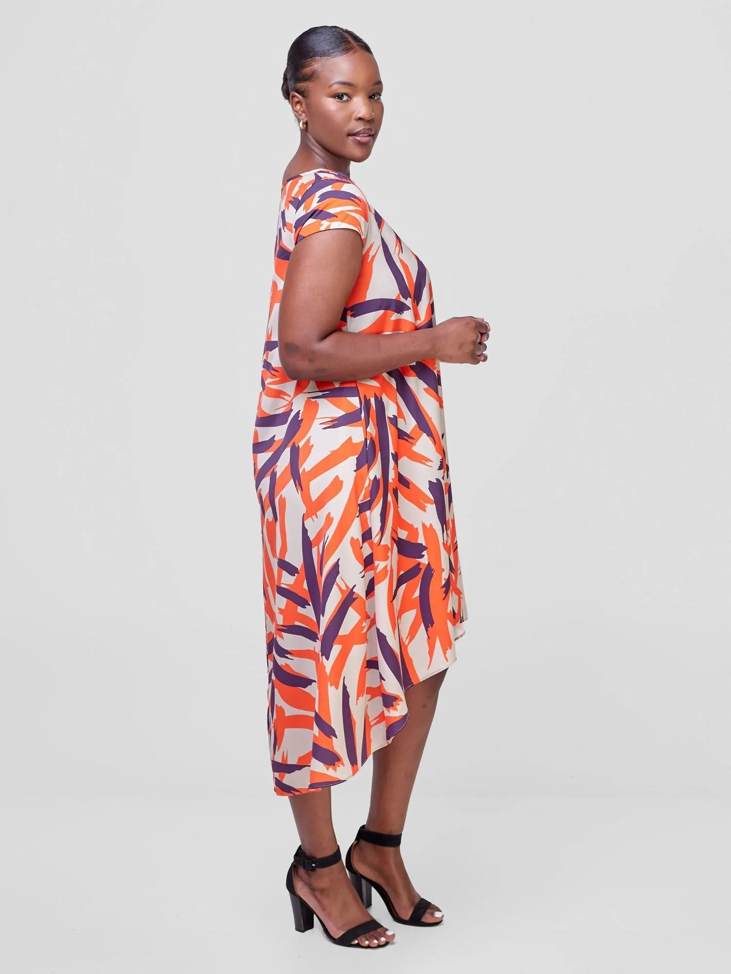 Vivo Jema High Low Tent Dress - Orange / Purple Vua Print