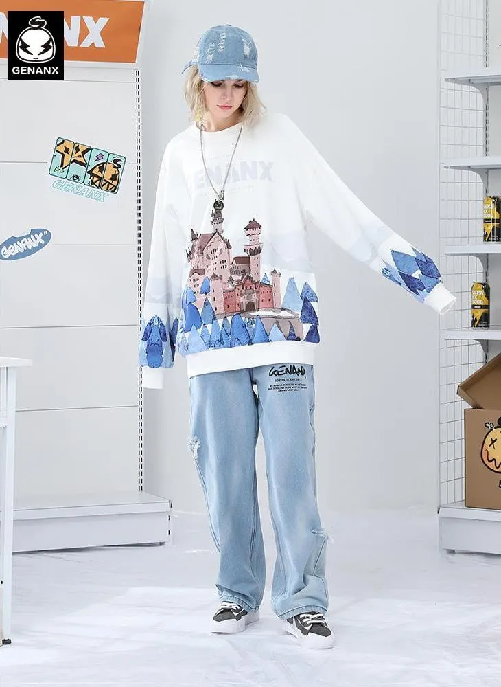 White Castle Print Crew Neck Sweatshirt