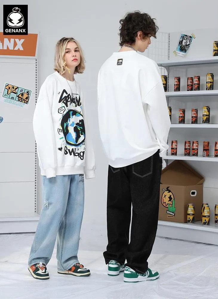 White Planet Print Graffiti Loose Sweatshirt