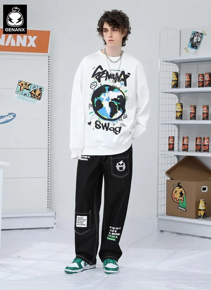 White Planet Print Graffiti Loose Sweatshirt