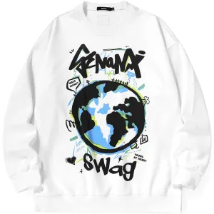 White Planet Print Graffiti Loose Sweatshirt