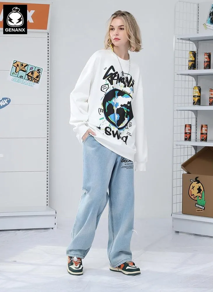 White Planet Print Graffiti Loose Sweatshirt