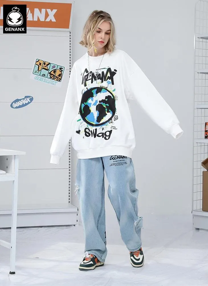 White Planet Print Graffiti Loose Sweatshirt