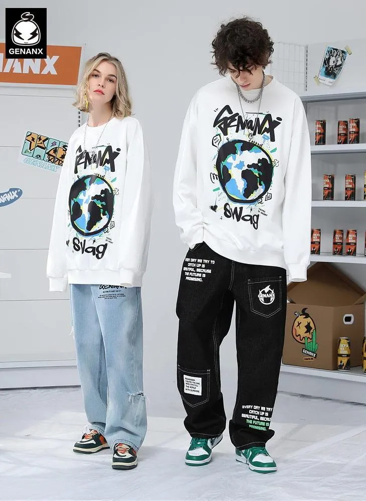 White Planet Print Graffiti Loose Sweatshirt
