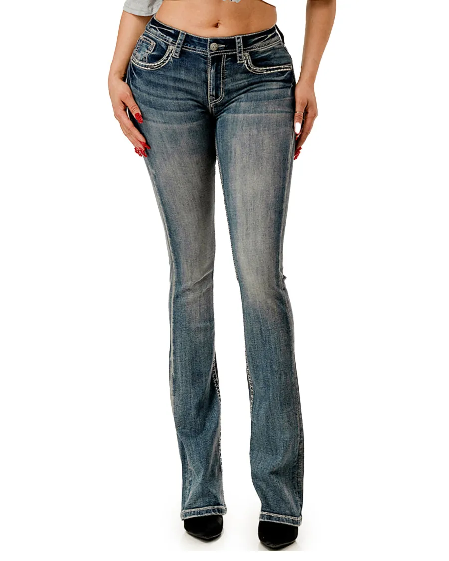 Women's Floral Embroidered Horseshoe Boot Cut Jeans