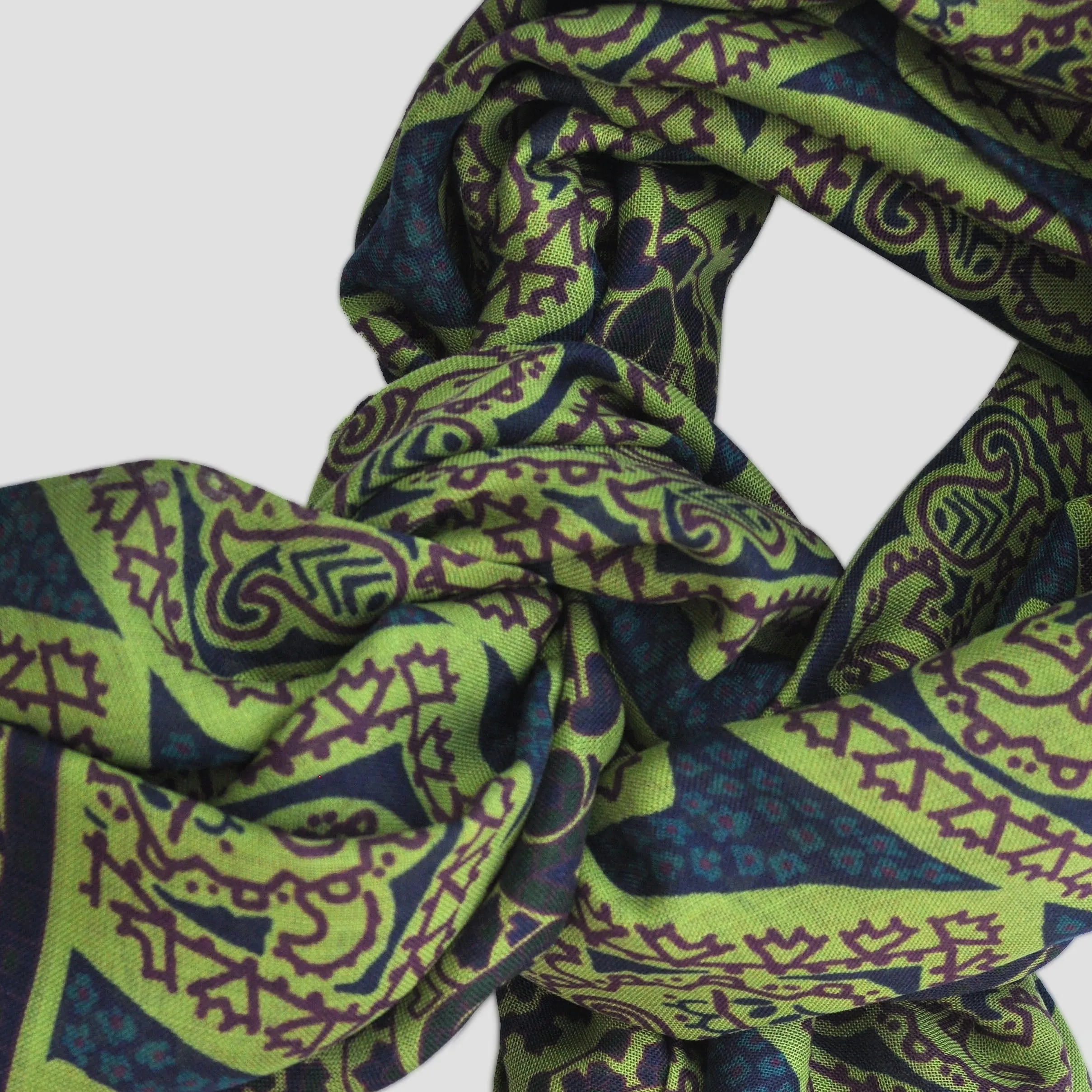 Wool Silk Large Square of Aztec Shapes & Pasiley Border in Greens & Blue